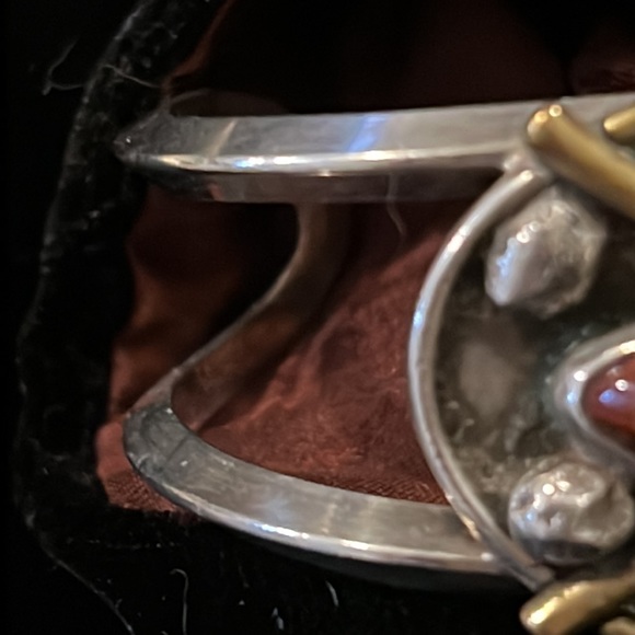 Handmade boho silver and brass agate stone unmarked cuff bracelet heavy